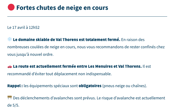 Snowfalls 17th April 2025 Val Thorens Tourist Office alert 17th April 2025